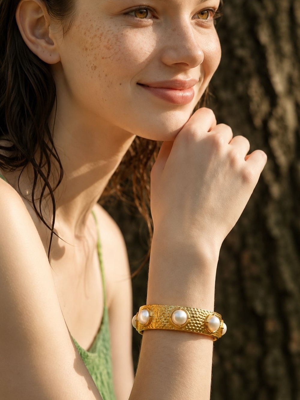 Gold Cuff Bracelet with Pearl Accents